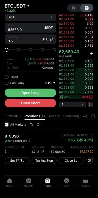 The image features an open trading app with a black background, displaying various symbols and information related to Bitcoin and trading positions. At the top of the screen, there is a dropdown menu that includes options such as "Open long", "Open short", and "Close long". There are also buttons labeled "Quit" on the left side of the screen, which can be used to exit the app or close the trading window. Additionally, the image shows some text indicating that another half a bitcoin has been added to one's trade, possibly from a previous trade execution or a new order being executed by the user.