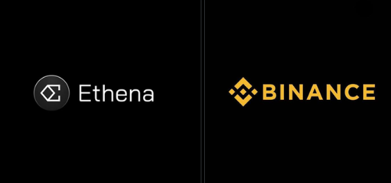 The image displays the logos of Ethena and Binance side by side on a black background, visually representing the new partnership announced in the post, where Ethena's $USDe stablecoin will be backed by Binance's tokenized stocks (bStocks) and equity perps to bridge DeFi and TradFi.