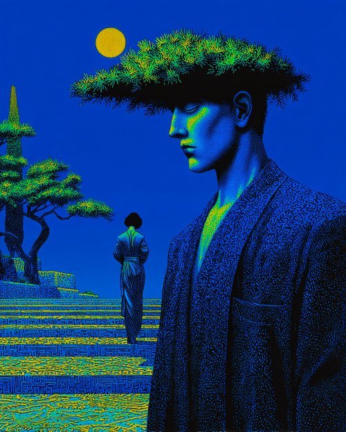 A stylized illustration features a figure with trees for hair under a yellow moon, with another robed figure walking up mosaic-tiled stairs in the background.