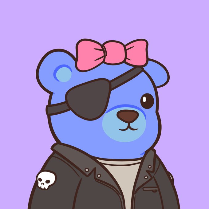 A cartoon illustration of a blue bear with a pink bow and an eyepatch, wearing a black leather jacket with a skull pin against a purple background.