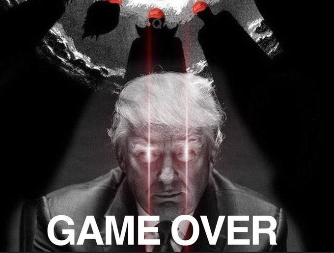 A dark, dramatic image shows an older man with glowing red eyes beneath shadowy figures, overlaid with the text 'GAME OVER' in large white letters.