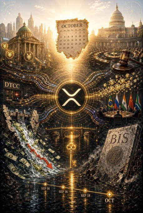 A symbolic digital artwork features the XRP logo centrally, surrounded by imagery including the U.S. Capitol, a calendar showing "OCTOBER", the words "DTCC" and "BIS", a gavel, international flags, and a red dragon, with dates "SEP 15" through "OCT" along the bottom.