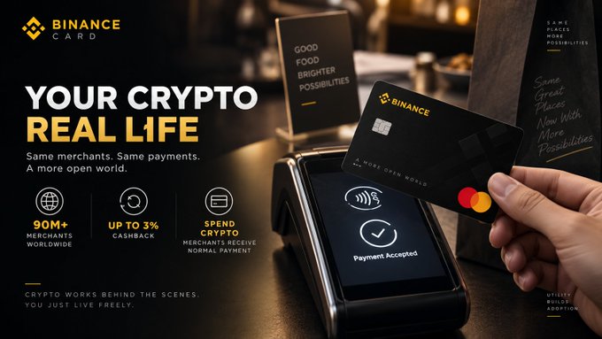 An advertisement for the Binance Card showing a hand tapping a black card on a payment terminal, with text 'YOUR CRYPTO REAL LIFE' and 'Same merchants. Same payments. A more open world.'