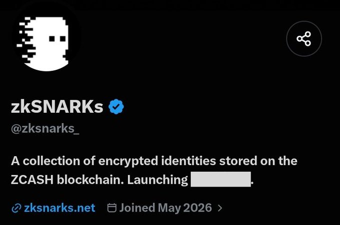 The image shows a Twitter/X profile for the verified account "zkSNARKs" (@zksnarks_), featuring a pixelated white ghost-like logo on a black background. The bio reads "A collection of encrypted identities stored on the ZCASH blockchain," with a link to zksnarks.net and a "Joined May 2026" date. This profile is referenced in the accompanying post discussing an upcoming NFT launch on ZEC (Zcash), where the author expresses hope that zksnarks_ will have a smoother launch than the first NFT project on the chain, suggesting ZEC's compatibility with NFTs is still being tested.