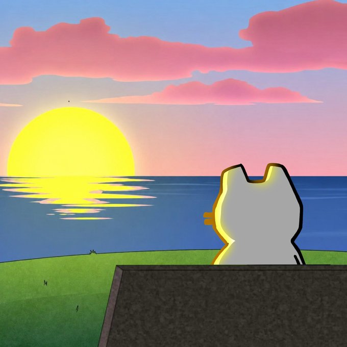 An illustration of a white cat-like figure sitting on grass watching a sunset over the ocean under pink clouds.