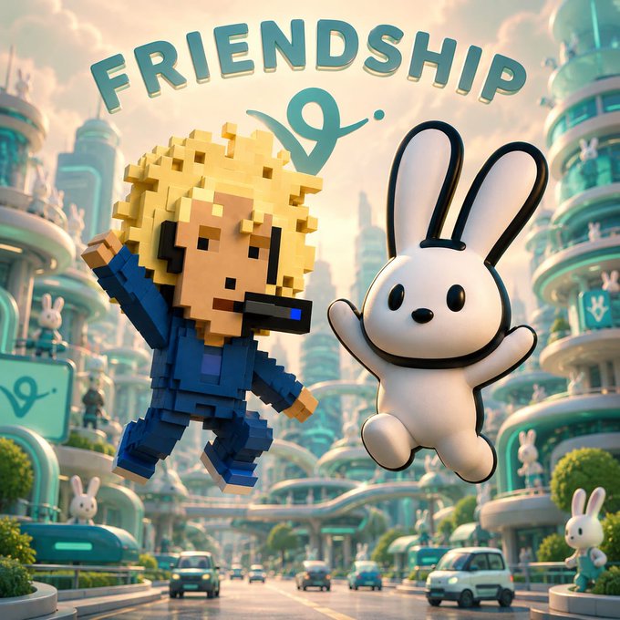 The image features a cartoon rabbit character with blonde hair standing next to a person wearing blue clothes who has a camera around their neck. The background of the image shows a city street filled with cars, buildings, and trees. The caption below the image reads "Friendship 9", which is likely a reference to the popular video game series "friendship".