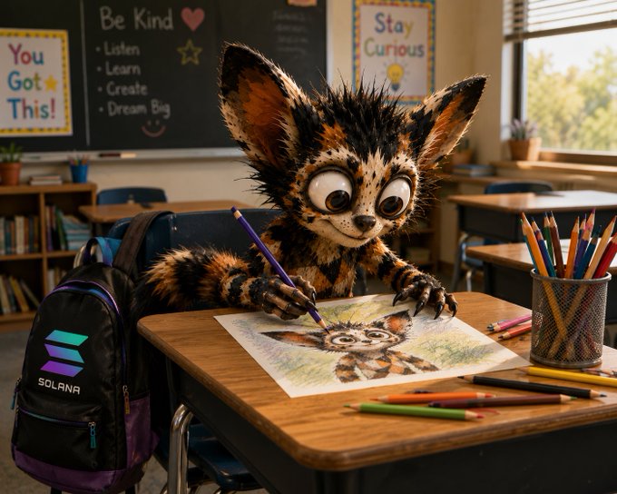 A whimsical furry creature sits at a classroom desk, drawing a self-portrait with colored pencils beside a "SOLANA" backpack, with chalkboard text reading "Be Kind — Listen — Learn — Create — Dream Big" and "Stay Curious" in the background, fitting the SQUZO Art Contest theme encouraging artistic submissions.
