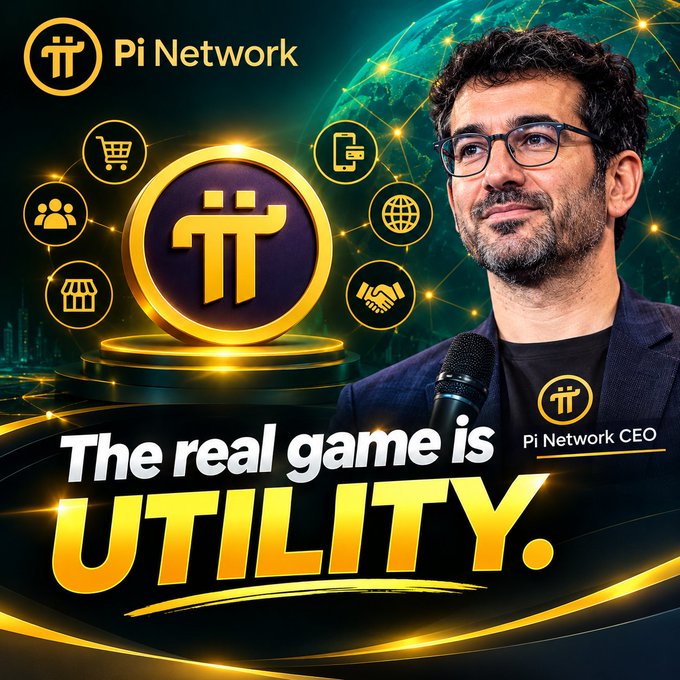 A promotional graphic for 'Pi Network' features the text 'The real game is UTILITY.' alongside a photo of a man labeled 'Pi Network CEO'.