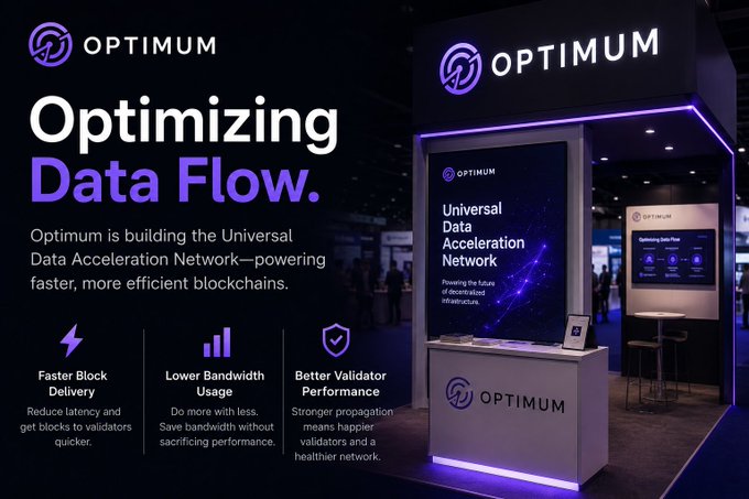 Optimum marketing graphic titled 'Optimizing Data Flow' describing their Universal Data Acceleration Network for blockchains, highlighting benefits like faster block delivery, lower bandwidth usage, and better validator performance.