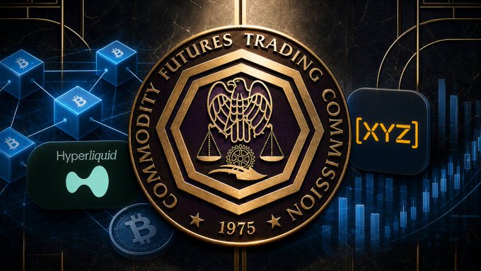 The image displays the official seal of the Commodity Futures Trading Commission (CFTC), flanked by logos for Hyperliquid, Bitcoin, and an "[XYZ]" ticker symbol against a backdrop of cryptocurrency cubes and trading charts. The central CFTC seal, featuring its eagle and scales of justice emblem with "1975" inscribed, visually reinforces the post's message about pushing the regulator to approve US oil perpetuals onchain through Hyperliquid. This imagery ties together the traditional regulatory body and the 24/7 crypto markets being proposed as the future of commodities trading.