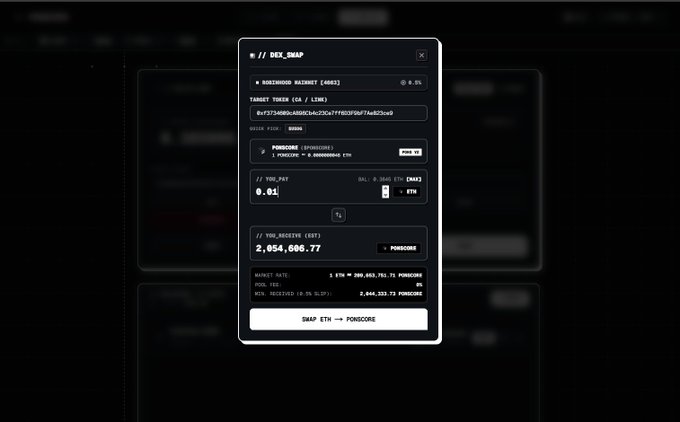 The image shows the PONSCORE DEX Swap interface on Robinhood Chain, where 1 ETH swaps for approximately 209,063.792 PONSCORE tokens at an order rate of 0.01 ETH per token, with a market cap of $280,063,791.71. This aligns with the post highlighting the PONSCORE DEX Swap module as a frictionless trading tool for tokens launched on Robinhood Chain.