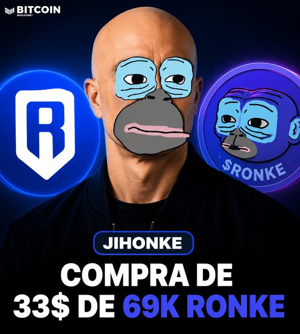 A Bitcoin Magazine graphic features a bald man with cartoon SadFrog and Pepe the Frog faces superimposed over him, flanked by the Ronin (R) and $RONKE logos, advertising 'JIHONKE COMPRA DE 33$ DE 69K RONKE'.