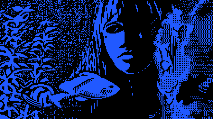 A blue and black stylized portrait of a woman holding a fish, rendered in a pixelated dithered art style.