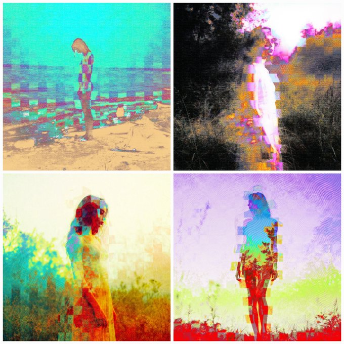 A 2x2 grid of glitch-art style, highly saturated illustrations of people, featuring pixelated distortions, halftone patterns, and vibrant overlays of cyan, magenta, and yellow.