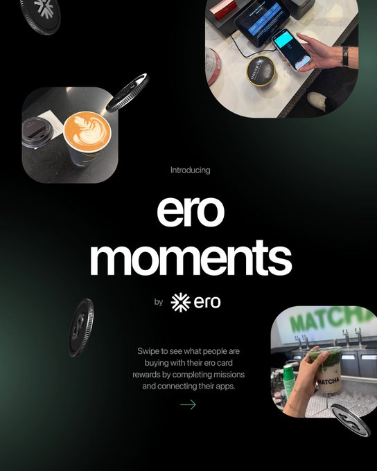 A promotional graphic for 'ero moments' showing app features with images of coffee, mobile payments, and matcha, set against a black background.