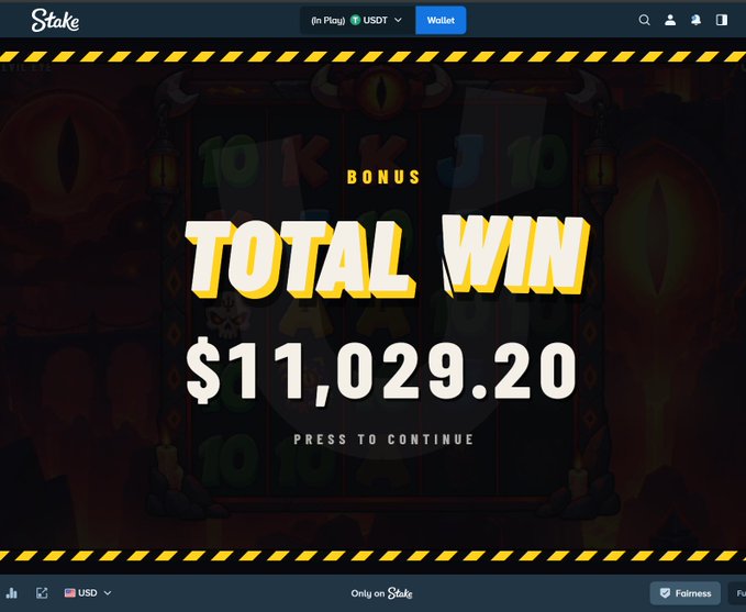 A screenshot from Stake.com showing a "TOTAL WIN" of $11,029.20, celebrating a successful gambling win that aligns with the excitement of the streamer announcing giveaways in their broadcast.