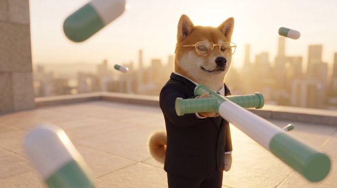 A Shiba Inu dog wearing glasses and a dark business suit standing on a rooftop with a city skyline in the background while catching flying pills and capsules.