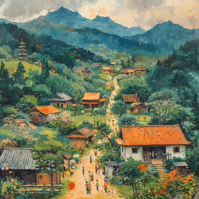 A watercolor-style illustration of a lush mountain village with traditional houses, a pagoda, and people walking along a path.