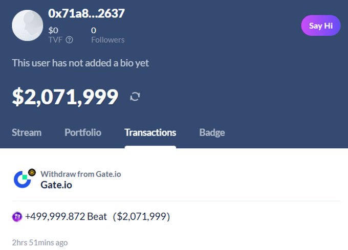 A user profile page on a cryptocurrency platform showing user '0x71a8...2637' with a balance of $2,071,999 in TVF, displaying a recent transaction of a +499,999.872 Beat ($2,071,999) withdrawal from Gate.io.
