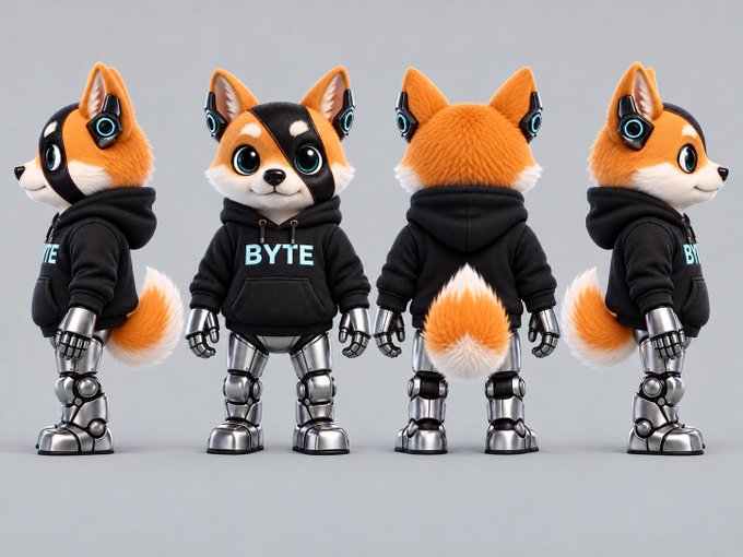 Four views (front, back, and two sides) of a 3D-rendered character: an orange and black fox-like creature wearing a black 'BYTE' hoodie with robotic metallic legs and hands.