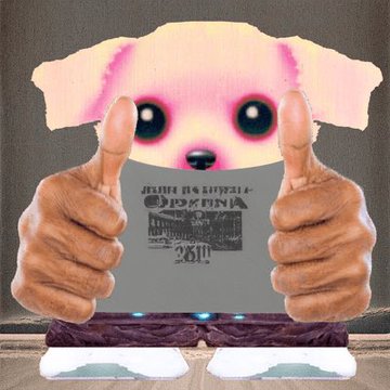 The image features a distorted, surreal figure with a wide-eyed cartoon face and two thumbs-up human hands holding what appears to be an NFT card or digital asset labeled "JERRY THE 4-LEGGED DOG" and "EDITION 2011." Below, small sneaker-clad legs are visible, giving the figure an absurdist, meme-like quality that matches the casual, bragging tone of the post about picking up 3 NFTs cheaply. The "thumbs up" pose reinforces the "ez" (easy) win vibe of scoring under 0.1 SOL on the Solana blockchain.