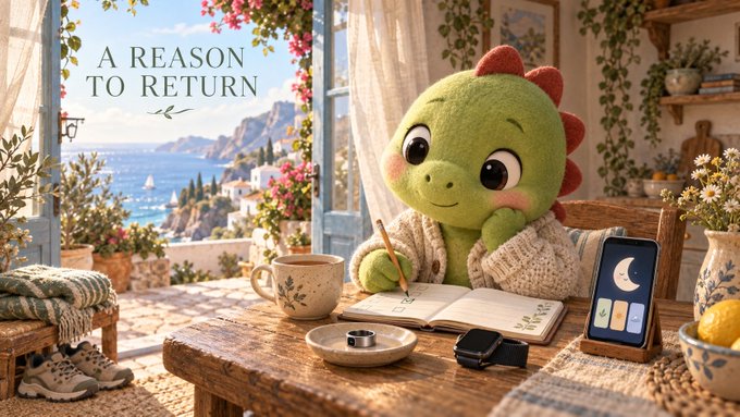 An illustrated scene of a green dinosaur character in a cozy sweater writing in a notebook at a wooden table, with a smartphone displaying a moon icon, captioned 'A REASON TO RETURN'.