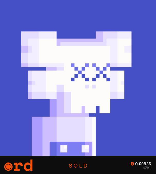 A pixel art NFT of a purple character with X-shaped eyes, showing 'ord', 'SOLD', and '0.00835' text.