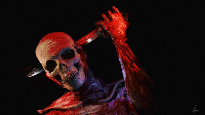 A dark, artistic digital painting of a skull-faced figure illuminated by red light, wielding a blade against a black background.