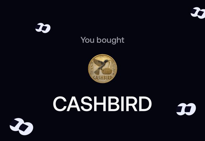 The image displays a digital purchase confirmation featuring a golden coin emblazoned with a hummingbird carrying cash and the text "CASHBIRD," set against a dark background with scattered logo accents, reinforcing the post's theme of accumulating a token portfolio ("CASHBIRD") and building a strong holder base during market dips.