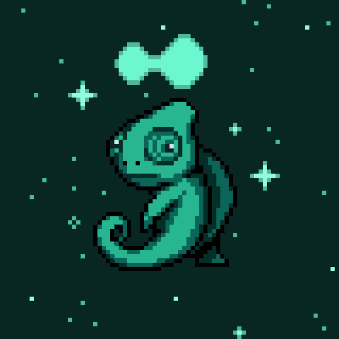 A pixel art illustration of a teal chameleon standing among green stars against a dark space-themed background.