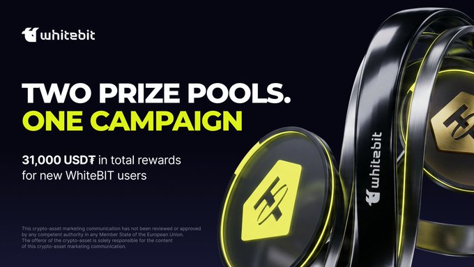 A promotional banner for WhiteBIT's "First Crypto Boost" campaign, advertising two prize pools totaling 31,000 USDT in rewards for new users, featuring the exchange's logo and stylized crypto coin imagery. The image relates to the post by announcing the winners of this reward campaign.