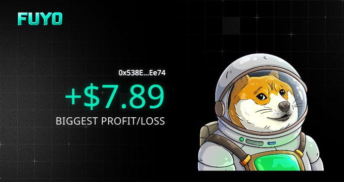 A cryptocurrency profit tracker showing 'FUYO' token at address '0x538E...Ee74' with a '+ $7.89 BIGGEST PROFIT/LOSS' displayed next to an illustration of a Shiba Inu dog in an astronaut suit.