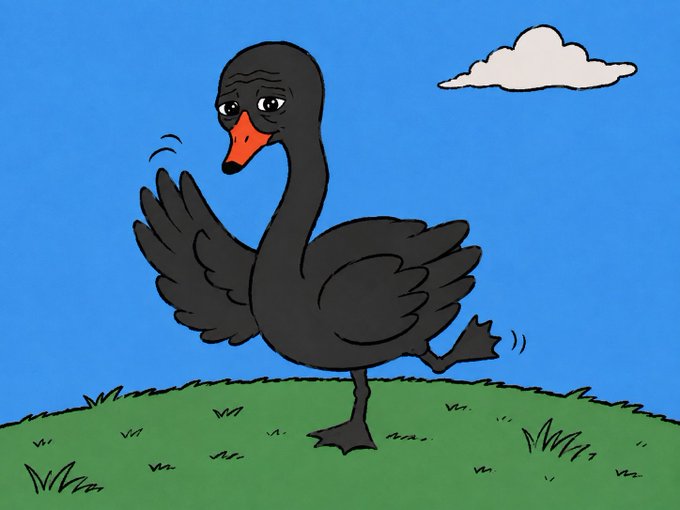 Cartoon illustration of a sad black swan standing on grass under a blue sky with a single cloud.