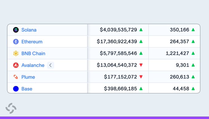 A table lists cryptocurrency networks including Solana ($4,039,535,729), Ethereum ($17,360,922,439), BNB Chain, Avalanche, Plume, and Base with their respective values and transaction counts.