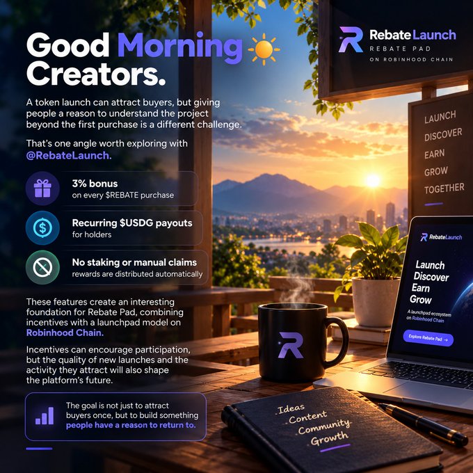A promotional graphic for “RebateLaunch” and “Rebate Pad on Robinhood Chain” presents a token-launch campaign with text about recurring $USDG payouts, a 3% bonus, and no staking or manual claims. A laptop, coffee mug, notebook, and sunset city view form the background.