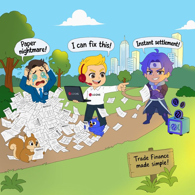 A cartoon illustration promoting 'Trade Finance made simple!' showing three characters: a distressed man buried in 'Paper nightmare!' invoices, a cheerful LG CNS representative with a laptop saying 'I can fix this!', and a purple-haired ninja-like figure offering 'Instant settlement!' next to an Injective coin box.