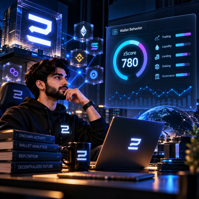 An AI-generated image depicting a young man in a hoodie sitting at a desk looking at a holographic 'Wallet Behavior' dashboard displaying a zScore of 780, surrounded by floating cryptocurrency logos like Ethereum and Binance.