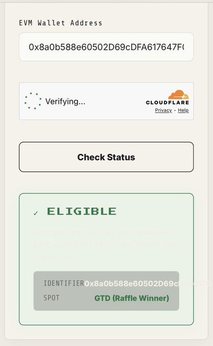 The image shows a wallet verification interface for the address 0x8a0b588e60502D69cDFA617647Ff, displaying an "ELIGIBLE" status with the identifier matching the wallet and indicating a "GTD (Raffle Winner)" spot, confirming the user's entry into the giveaway.