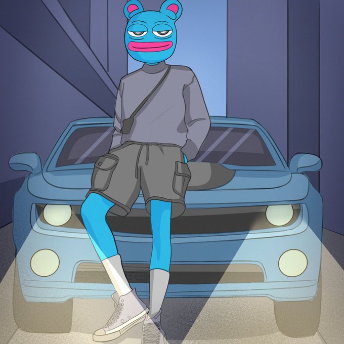 An illustrated cartoon character with a blue mouse-like head leans against a blue sports car, wearing a gray sweater, cargo shorts, and white high-top sneakers.