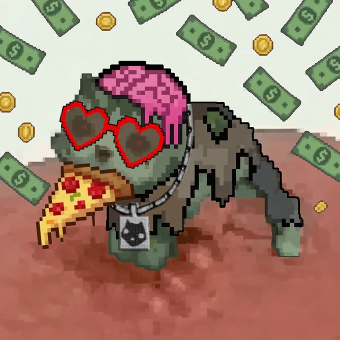 Pixel art of a zombie cat wearing red heart-shaped sunglasses and a pink streak in its hair, eating pizza while surrounded by falling money and coins.