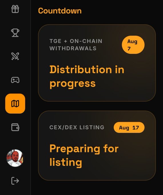 A dark-themed Countdown dashboard displays two milestones: "TGE + ON-CHAIN WITHDRAWALS" on Aug 7 marked as "Distribution in progress," and "CEX/DEX LISTING" on Aug 17 marked as "Preparing for listing." The image directly supports the post by visually confirming that distribution is underway while the team prepares for the upcoming August 17th listing event.