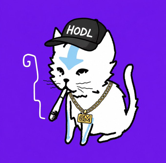 A digital illustration of a white cat wearing a black cap with 'HODL' written on it, smoking a cigarette, and sporting a gold chain with a 'GM' pendant against a purple background.