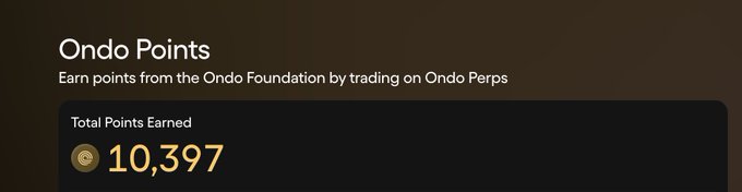 A screenshot displaying "Ondo Points" with a total of 10,397 points earned from trading on Ondo Perps, matching the user's weekly points update from the @OndoPerps and @arbital_xyz campaign.