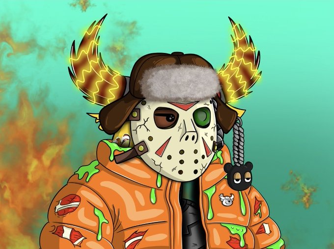 A digital illustration of a character wearing a hockey mask with flame-like horns, a fur-lined trapper hat, and an orange jacket adorned with stickers, set against a teal background with flames.