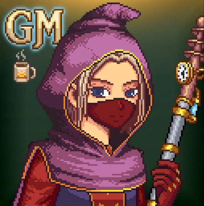 A pixel art character wears a purple hooded cloak and face covering, holding a staff, with a 'GM' text graphic and a steaming coffee mug icon in the corner.