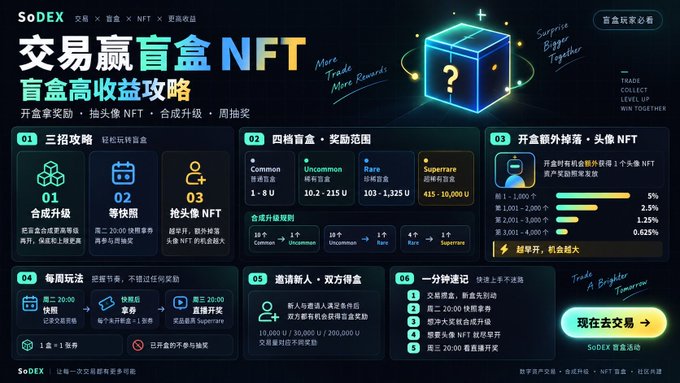 The image is a promotional graphic for SoDEX's "交易赢盲盒 NFT" (Trade to Win Blind Box NFT) campaign, displaying details on treasure box strategies including a three-step approach (synthesize upgrades, quick open, compete for rare NFTs), four rarity tiers (Common: 1-80 U, Uncommon: 1.2-215 U, Rare: 103-1,325 U, Superrare: 415-10,000 U), and invitation rewards up to 1U/30,000U + 200,000U.

This image directly illustrates the strategic dilemma mentioned in the post, showing the synthesis path from 10 Common boxes to 1 Uncommon (reward range 1.2-215 U) versus opening them individually, helping visualize the trade-off between quantity of openings and higher single-box reward potential.