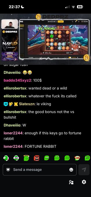 A mobile livestream chat interface showing DedRaz playing a 'Le Viking' slot game, with viewer messages and emoji reactions in the chat.
