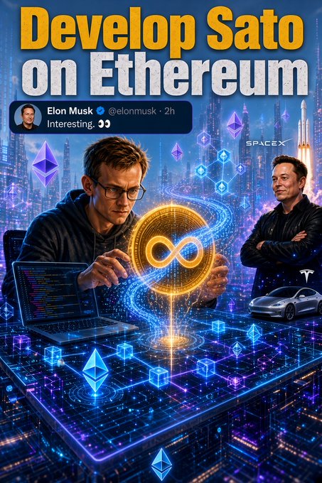 A promotional graphic titled 'Develop Sato on Ethereum' features a programmer working on a laptop, a glowing infinity symbol, and Elon Musk with a Tesla and SpaceX logo in the background, along with a fake tweet reading 'Interesting.'