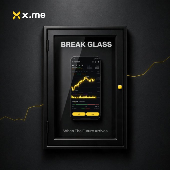 Advertisement for x.me featuring a smartphone with a crypto trading chart displayed inside a 'BREAK GLASS' emergency box, with the tagline 'When The Future Arrives'.