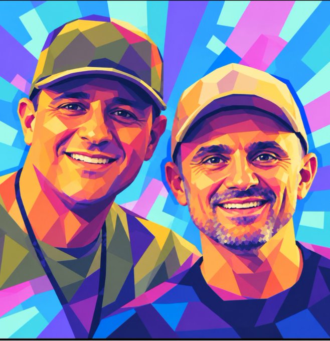 A vibrant pop art style digital illustration of two smiling men wearing caps, rendered in bold geometric shapes with a colorful radiating background.